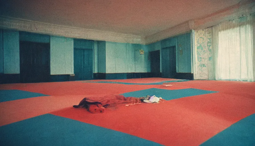 Prompt: 60s movie still of a white japanese female phantoms bloody in an empty soviet stalinist style ballroom with blue beds, cinestill 800t 35mm technicolor, heavy grain, high quality, higly detailed, liminal space