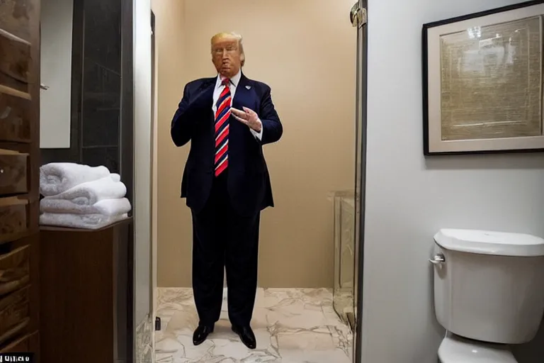 Prompt: Donald Trump visibly pouts as his bathroom is raided by many federal agents, raided by feds, panicking, golden toilet, Highly detailed, Cinematic, photorealistic, Realistic, detailed.