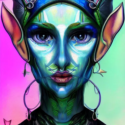 Image similar to masterpiece symmetrical painted portrait of a beautiful elf in a cyberpunk style