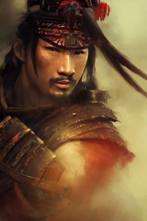 Prompt: samurai warrior, close - up portrait, fierce, intricate, elegant, volumetric lighting, scenery, digital painting, highly detailed, artstation, sharp focus, illustration, concept art, ruan jia, steve mccurry