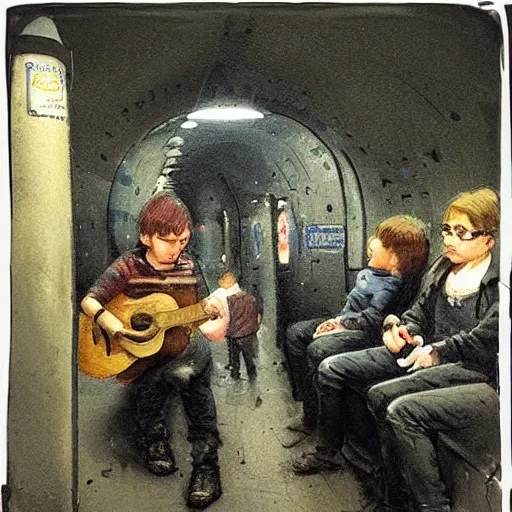 Prompt: inside the paris subway a child is putting his finger in the nose, a musician is playing. by greg rutkowski