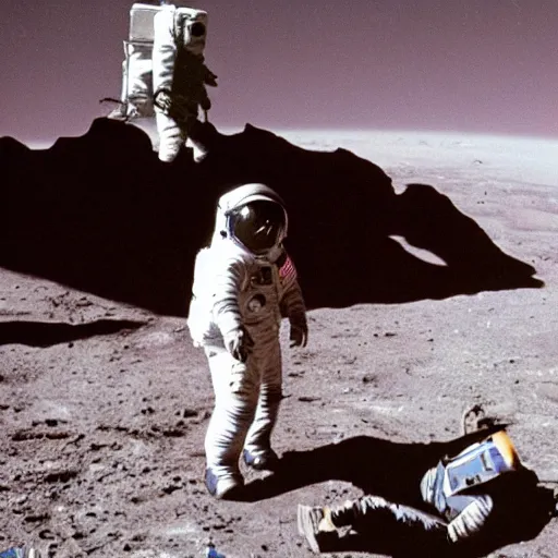 Prompt: photo of steed situated on top of astronaut that standing on all fours