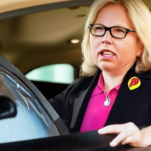 Prompt: angry liz cheney working at a mcdonald's drive - thru