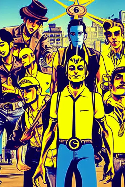 Image similar to 6 member from saints gangs wear yellow bandana, some of member have mustard. pop art, bioshock infinite art style, arstation trending, accurate, detailed, unembellished depiction of nature or of contemporary life, gta chinatown wars art style, art by richard hamilton and mimmo rottela