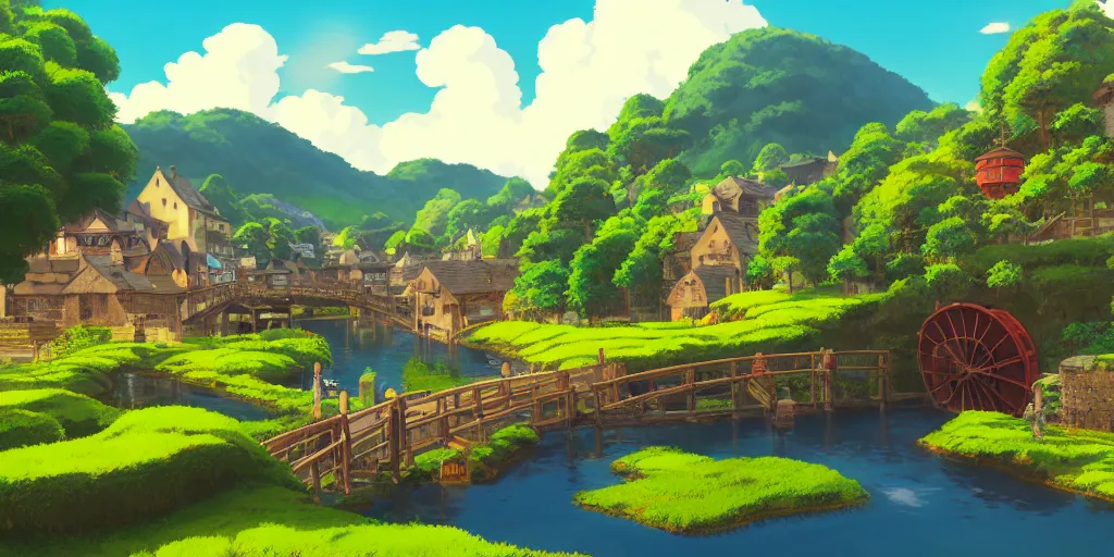 Prompt: background matte painting miyazaki ghibli miyamoto anime pixar dreamworks, full frame, vista english countryside, quaint village waterwheel stream.