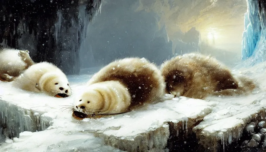 Image similar to highly detailed painting of cute furry white baby seals eating fish inside a snowy fantasy ice crystal cavern by william turner, by greg rutkowski, by william constable, thick brush strokes and visible paint layers, 4 k resolution