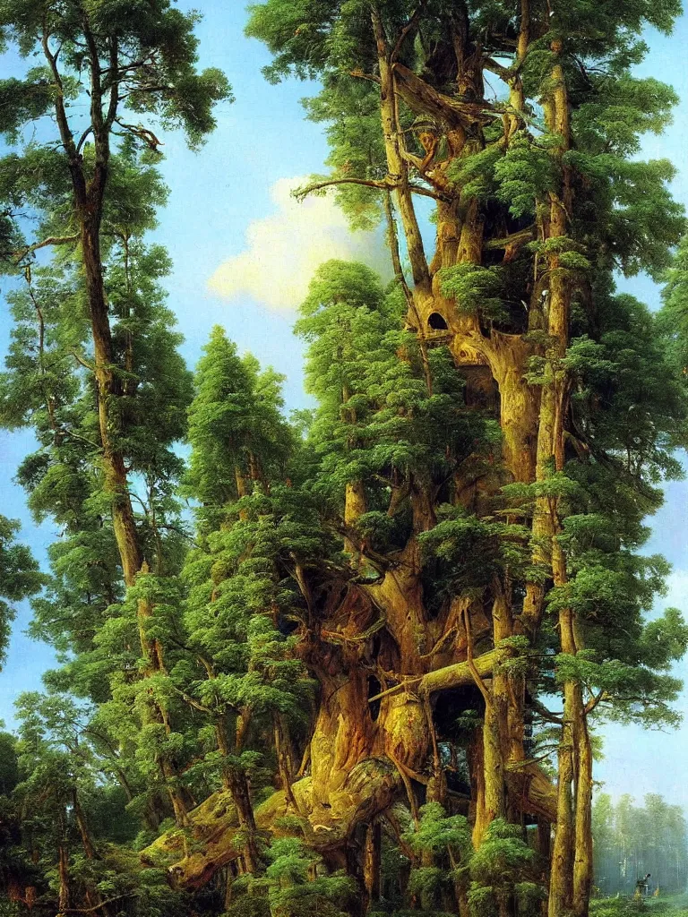 Prompt: Beautiful enormous treehouse by ivan shishkin and aivazovsky, oil on canvas, highly detailed, masterpiece