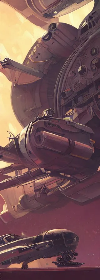 Image similar to space smugglers hiding cargo in their old rusting space ship illustrated by greg tocchini