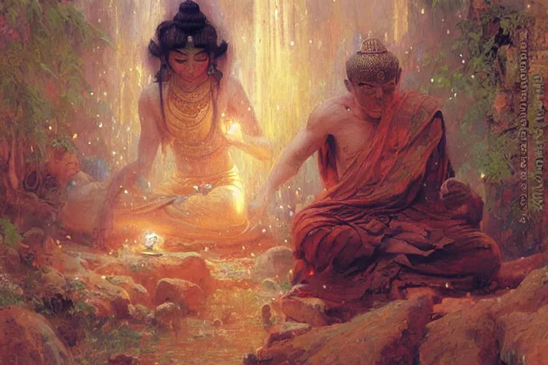 Image similar to buddhism, painting by gaston bussiere, greg rutkowski, jean giraud