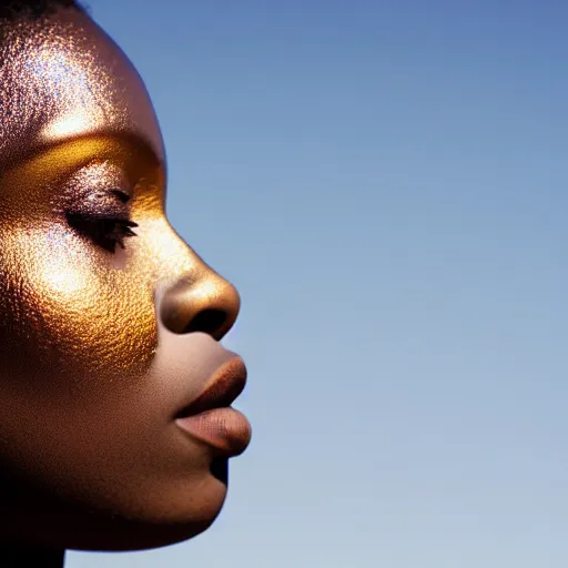 Image similar to portrait of metallic reflecting face, african woman, subtle iridescence, smooth, proud looking away, outdoor, blue sky, nature, 8 k, realistic, depth of field, highly detailed, award winning photography,