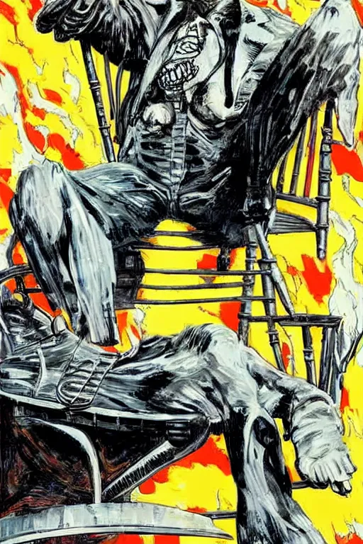 Image similar to Poster art of a Skeleton sitting in a chair sunbathing, with a nuke exploding in the background by Neal Adams