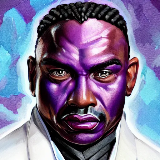 Image similar to a portrait of a muscular older black man with cornrows and a purple suit with a monocle on, D&D, sci-fi, elegant, hopeful, muscular, highly detailed, digital painting, artstation, concept art, smooth, sharp focus, illustration