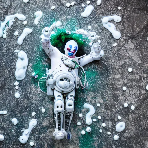 Prompt: a broken cyborg that looks like clown on the floor, covered in white slimy fluidNostromo Alien movie. wide angle photography.