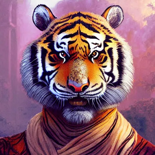 Image similar to head and shoulders portrait of a tiger rakshasa in a luxurious indian setting, d & d, fantasy, greg rutkowski, frank frazetta, alexandre chaudret, boris vallejo, michael whelan, miro petrov, hr giger, magali villeneuve, donato giancola