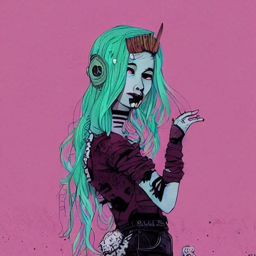 Image similar to Highly detailed portrait of pretty punk zombie young lady with, freckles and beautiful hair by Atey Ghailan, by Loish, by Bryan Lee O'Malley, by Cliff Chiang, inspired by image comics, inspired by graphic novel cover art, inspired by papergirls !! Gradient color scheme ((grafitti tag brick wall background)), trending on artstation