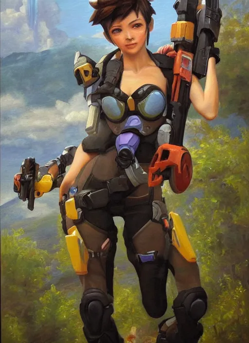 Prompt: oil painting of tracer overwatch full figure in the style of sophie anderson,