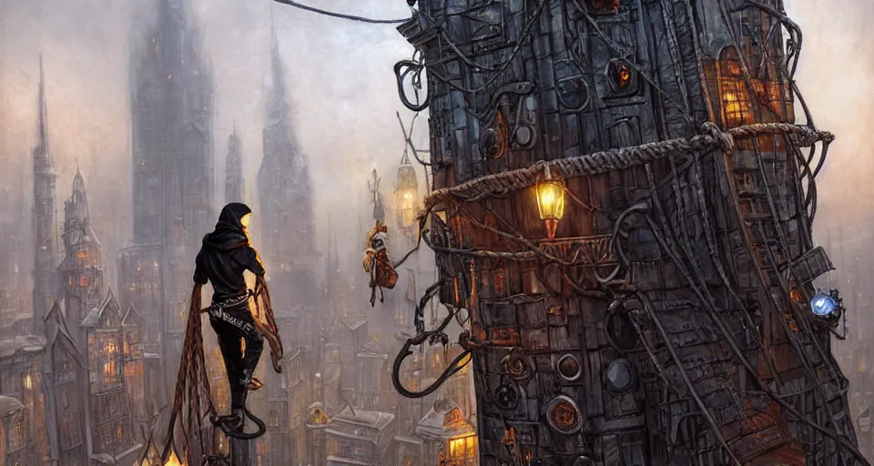 Prompt: landscape painting of a hooded thief in leathers using a rope to climb a tall metal steampunk buildings within a fantasy city which has walkways and lit windows, fine details, magali villeneuve, artgerm, rutkowski