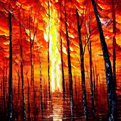 Image similar to a forest in flames with lightning in the background, oil painting, beautiful, enchanting, nature