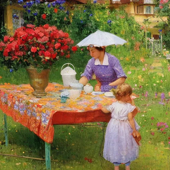 Image similar to a housewife and her daughter putting dishes on a table in the backyard, a tilted parasol sits above the table, a garden with colorful flowers in the background, rainy scene, cozy 1 9 5 0's, medium symmetry, by ilya repin, extreme detail, 8 k, intricate abstract, photorealistic