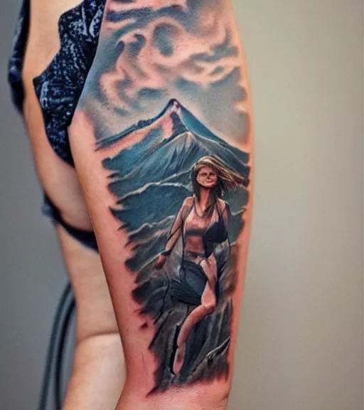 Image similar to hyper realistic tattoo design of a very beautiful woman against a background of beautiful mountains and nature, in the style of den yakovlev, amazing detail