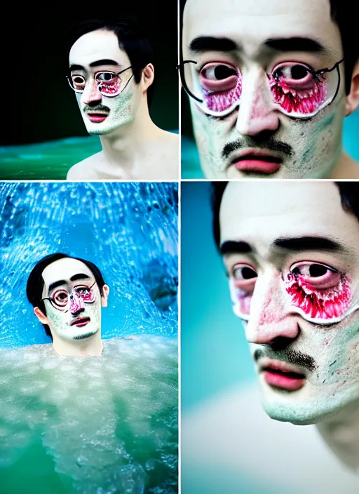 Image similar to Kodak Portra 400, 8K, soft light, volumetric lighting, highly detailed, portrait photo of a Filthy Frank by WLOP, the face emerges from a Pamukkale, thermal waters flowing down white travertine terraces with lotus flowers, inspired by Ophelia paint , blue shirt and hair are intricate with highly detailed realistic beautiful flowers , Realistic, Refined, Highly Detailed, ethereal lighting colors scheme, outdoor fine art photography, Hyper realistic, photo realistic, masterpiece