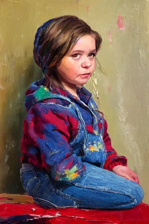 Image similar to palette knife oil painting portrait of nellie, a small figured young woman in her 2 0 s, dressed like a country bumpkin : jeans, boots, a pointy bright red hoodie. extreme detail, artstation trending, artgerm, any racial background, deviant art, octane, substance, art history 8 k