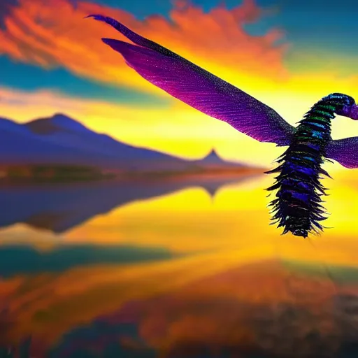 Prompt: brightly colored serpent with many wings many legs many claws partially covered in scales partially covered in feathers flying over a lake or river in the forested mountains with psychedelic sunset skies behind, 8 k, photorealistic, hyperrealism, detailed