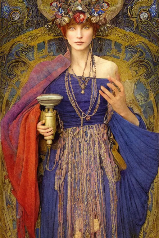 Image similar to portrait of the last queen of the dawn mountains with her lantern and regalia, by Annie Swynnerton and Nicholas Roerich and John Bauer and John William Godward and Donato Giancola and Vermeer, embroidered velvet, iridescent beetles, rich color, ornate headdress, flowing robes, lost runes, ancient civilizations, dramatic cinematic lighting, featured on Artstation, extremely detailed