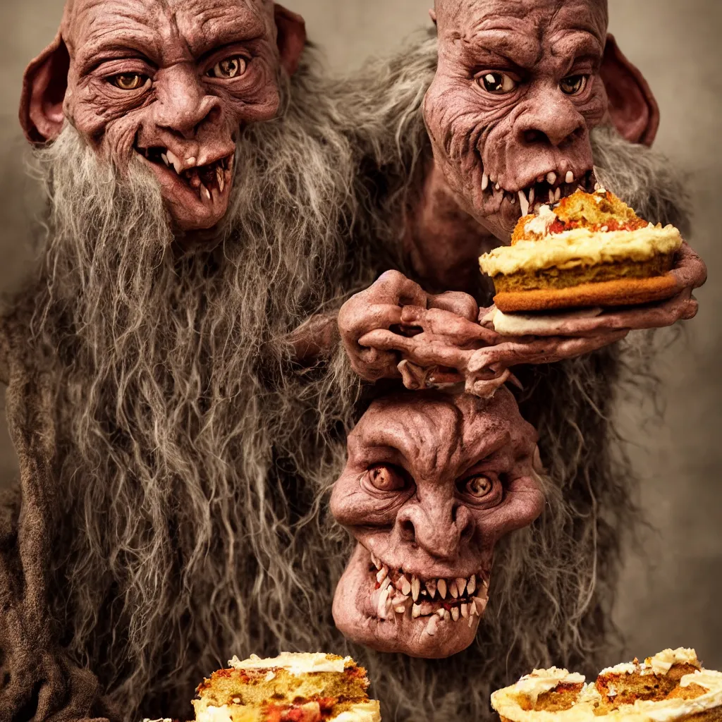 Image similar to closeup portrait of a medieval goblin eating cakes, depth of field, zeiss lens, detailed, symmetrical, centered, fashion photoshoot, by annie leibovitz and steve mccurry, david lazar, jimmy nelsson, breathtaking, 8 k resolution, extremely detailed, beautiful, establishing shot, artistic, hyperrealistic, beautiful face, octane render