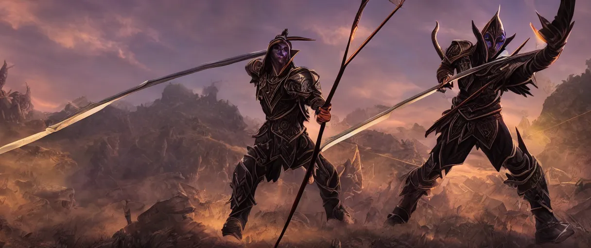 Prompt: a armored night elf hunter casting arrows with bow lord dramatic lighting cinematic establishing shot extremely high detail foto realistic cinematic lighting post processed