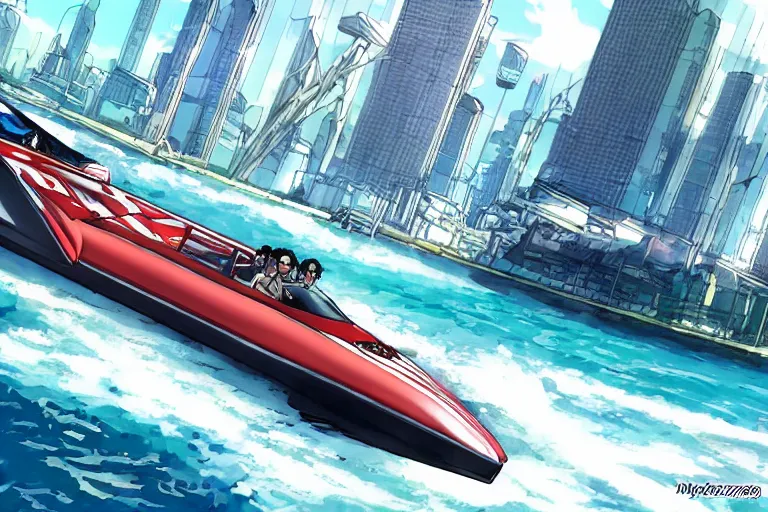 Prompt: speedboat Axopar 37 going full speed in front of shoreline city in anime cyberpunk style by Hayao Miyazaki