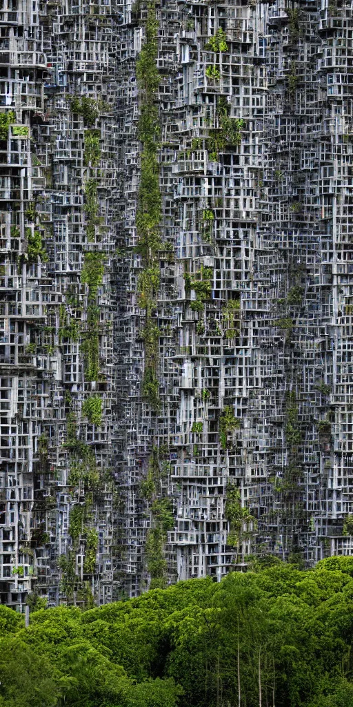 Prompt: a high contrast elevational photo by Andreas Gursky of tall eco-futuristic mixed-use unstable jenga towers emerging out of the trees. The rusty and mossy post-industrial towers are made of metal scaffolding and brightly colored mesh tarps. Hundreds of trees plants grow from scaffolding, floors, and balconies. The towers are bundled very close together and stand straight and tall. The towers have 100 floors with deep balconies and hanging plants. Cinematic composition, volumetric lighting, foggy morning light, architectural photography, 8k, megascans, vray.