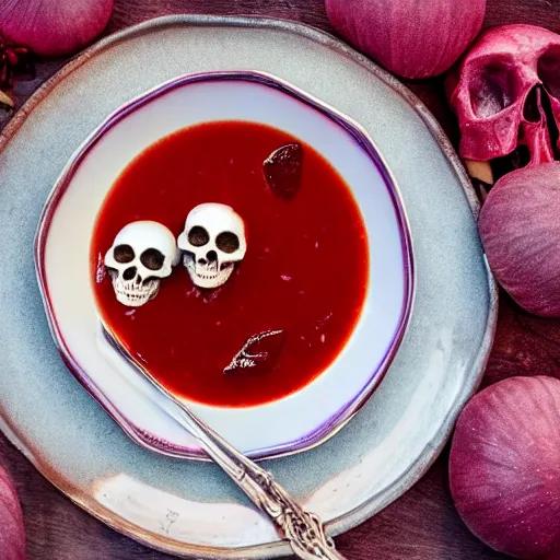 Image similar to borscht served with small skulls, award winning food photo, 4 k, high quality