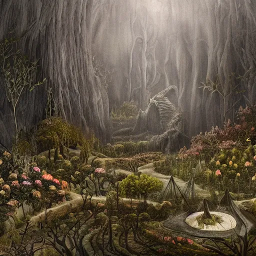 Image similar to a beautiful spooky and highly detailed matte painting of a gothic floral garden in a evil forest in the dry valley high in the most terrible mountains ever, intricate details, epic scale, insanely complex, 8 k, sharp focus, hyperrealism, very realistic, by caspar friedrich, greg rutowski, james gurney