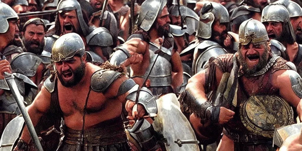 Prompt: Danny Devito as Leonidas, with Leonidas beard, leading Spartans into battle at Battle of Thermopylae, in screenshot from the 300 movie