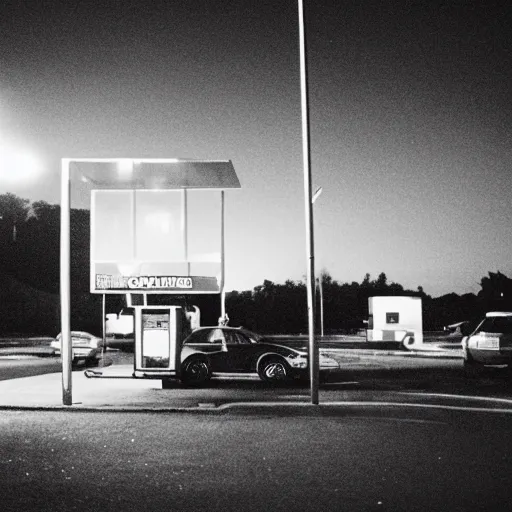 Prompt: it's night, the city is quiet, a car is parked at the last gas station at the edge of town, in the darkness eyes watch us, cinestill