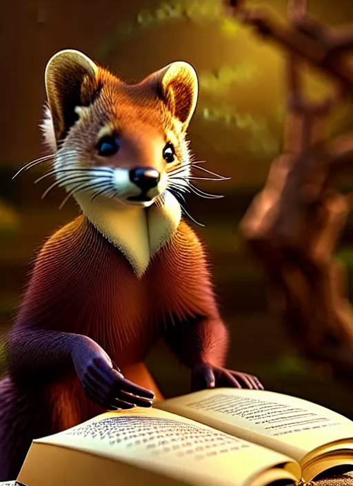Image similar to A beautiful scene from a 2022 fantasy film featuring a humanoid pine marten reading on a couch. An anthropomorphic pine marten wearing a white shirt with a book. Golden hour. Trending on CGSociety.