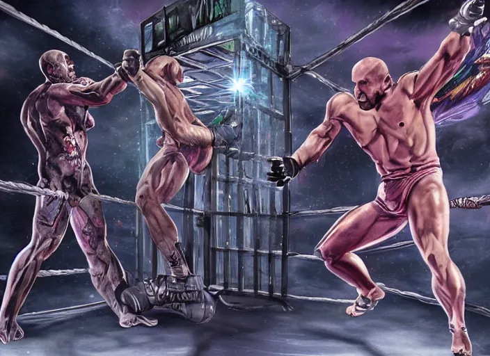 Image similar to a beautiful illustration of my friend joe rogan vs voldo in a steel cage match, digital art,