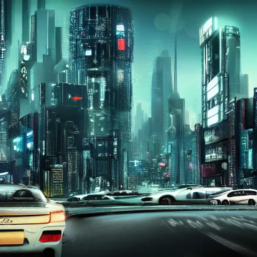 Image similar to The car is driving, with a gorgeous city in the background, cyberpunk, lots of detail