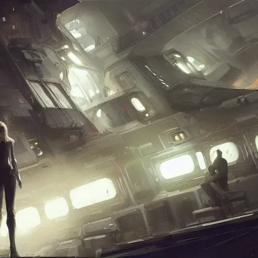 Prompt: concept art by greg rutkowski, a very tall, and slender woman with blonde hair, sitting with the crew in the ship's flight deck, brutalist futuristic interior, dark lighting atmosphere, detailed portraits, nostalgic atmosphere, scifi, digital painting, artstation, concept art, smooth, sharp foccus ilustration, artstation hq