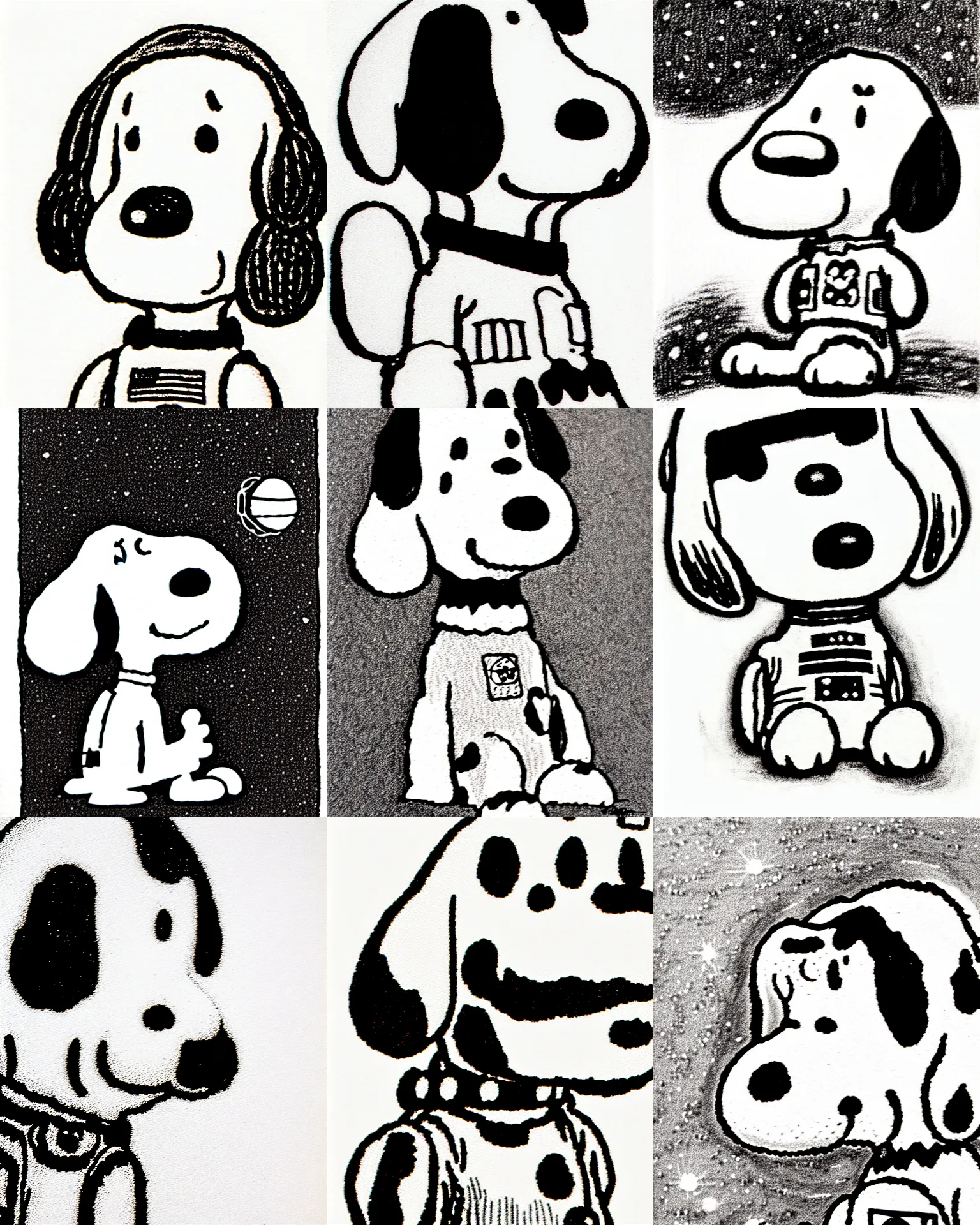 Prompt: close up portrait of snoopy in a space suit, line drawing, black and white, by charles m. schulz