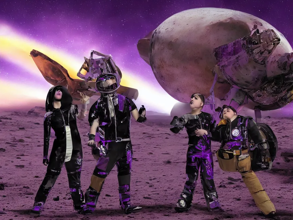 Image similar to two chubby teenagers with emo haircuts wearing gothy purple and black space spandex suits, standing next to smoking spacecraft wreckage, on the orange surface of mars, highly detailed, dramatic lighting, photorealistic, cinematic