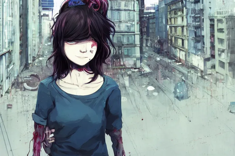 Image similar to urban school zombie girl in tattered clothes with a city street of Buenos aires in the background, dark blue long hair, muted colors, matte print, pastel colors, ornate, digital art, cute smile, digital painting, fan art, elegant, pixiv, by Ilya Kuvshinov, by Studio Ghibli