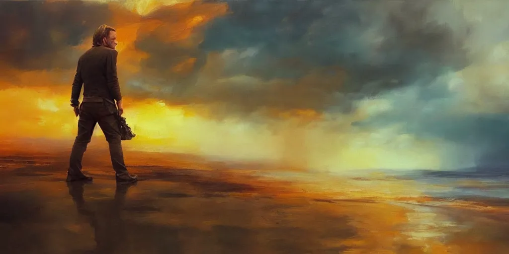 Image similar to we see ewan mcgregor from side. atmospheric feeling, warm colours, brown colours, yellow colours, epic scene, cinematic, very detailed, oil painting