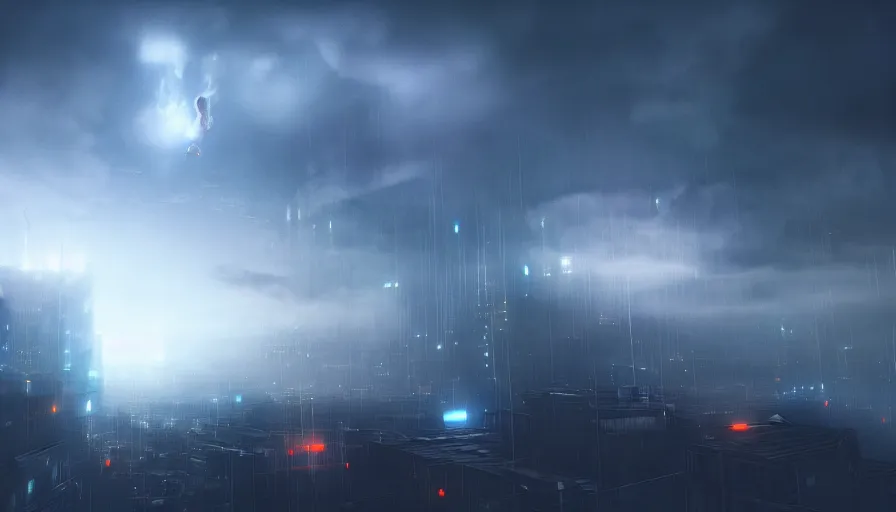 Image similar to man in sky falling through clouds over a dark cyberpunk city, digital art, volumetric lighting, dystopia, artstation, concept art, painting