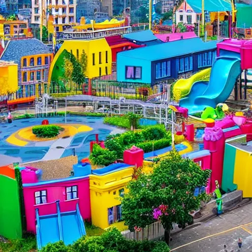 Image similar to A city but the buildings shaped like parts of a colourful play park, colourful, city, play park, dreamy