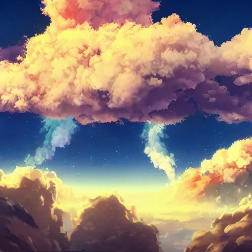 Prompt: studio ghibli still, view of alien gas clouds, extreme fluffy clouds, colors, painting, digital art, panorama, wide - angle view, skyscape, highly detailed, artstation award, anime, cinematic