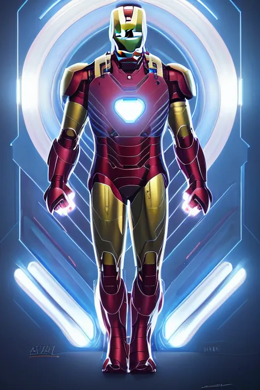 Image similar to Boris Johnson as Iron Man without a helmet, portrait, neon heart reactor, gold and blue, highly detailed, digital painting, artstation, concept art, smooth, sharp focus, illustration, cinematic lighting, art by artgerm and greg rutkowski and alphonse mucha