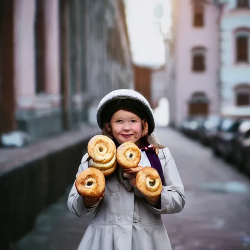 Prompt: photo of cute soviet schoolgirl, holding bagels on a rope, street of moscow, shallow depth of field, cinematic, 8 0 mm, f 1. 8