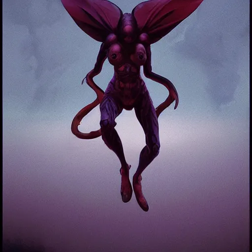 Prompt: giant humanoid fly against dark background, fluid, smooth, organic, crazy, high contrast, sharpness, dramatic, very detailed, simple shapes, by greg rutkowski and artgerm and siudmak and richard corben and moebius